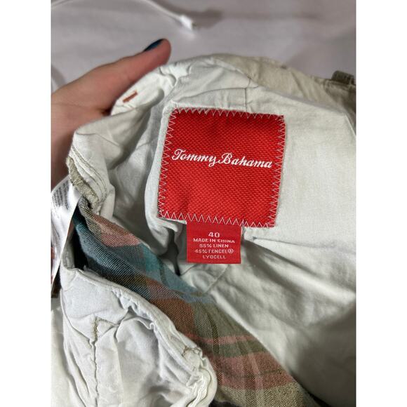 Tommy Bahama Shorts 40 Tan Blue Plaid Linen Tencel Bermuda - Picture 12 of 13